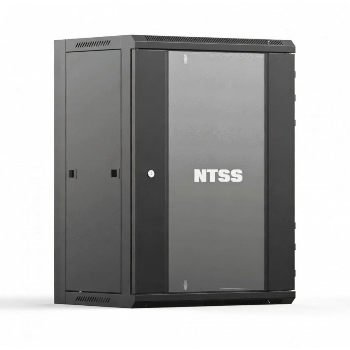 Телекоммуникационный настенный шкаф 19" NTSS W 15U 600×450×770 мм, стеклянная дверь, съемные боковые панели, задняя стенка, 2 профиля, разборный, черный RAL 9005